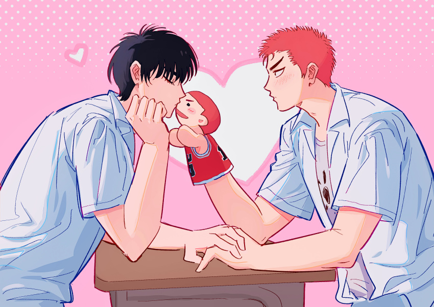 2boys absurdres arm_rest black_eyes black_hair blush closed_eyes cou couple desk from_side hand_puppet heart heduel highres holding_hands kiss looking_at_another male_focus multiple_boys pink_background profile puppet red_hair rukawa_kaede sakuragi_hanamichi school_desk short_hair simple_background slam_dunk_(series) upper_body yaoi