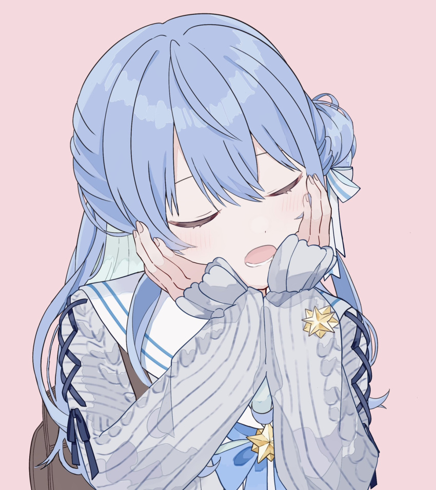 1girl arutya blue_bow blue_bowtie blue_hair blush bow bowtie brooch cardigan closed_eyes commentary grey_cardigan hair_bun half_updo hands_on_own_face hashtag_only_commentary head_rest highres hololive hoshimachi_suisei hoshimachi_suisei_(school_uniform) jewelry long_hair long_sleeves lower_teeth_only official_alternate_costume open_mouth sailor_collar single_side_bun solo star_brooch teeth u_u upper_body virtual_youtuber white_sailor_collar