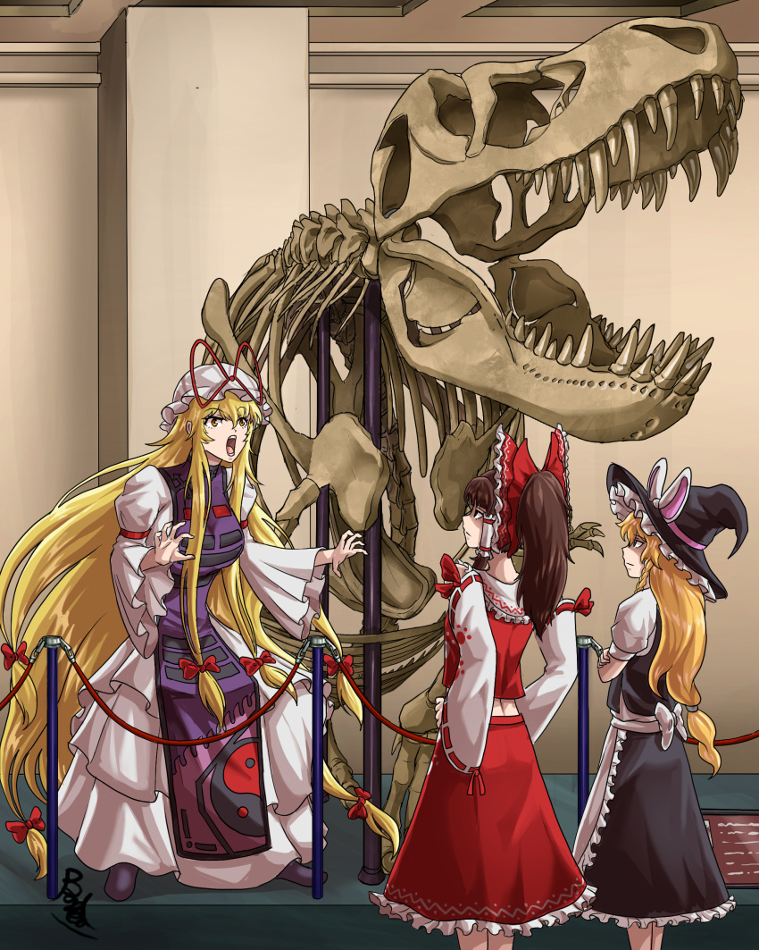 3girls absurdly_long_hair absurdres alternate_hairstyle apron blonde_hair bow braid brown_hair buhbuhbored claw_pose closed_mouth commentary crossed_arms detached_sleeves dinosaur english_commentary fossil frilled_bow frilled_hair_tubes frills hair_bow hair_tubes hakurei_reimu hands_on_own_hips hat hat_ribbon hat_with_ears highres indoors kirisame_marisa long_hair long_sleeves mob_cap multiple_girls museum open_mouth paw_print ponytail purple_tabard red_bow red_ribbon red_skirt ribbon ribbon-trimmed_sleeves ribbon_trim shaded_face short_sleeves side_braid signature single_braid skirt skirt_set tabard touhou tyrannosaurus_rex unfinished_dream_of_all_living_ghost very_long_hair waist_apron white_bow witch_hat yakumo_yukari yin_yang yin_yang_print