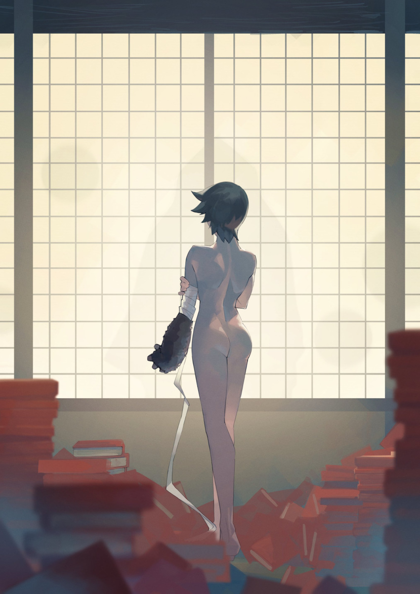 1girl absurdres ao_tsukushi architecture arm_at_side ass bandaged_arm bandages bare_back barefoot black_hair blurry blurry_foreground book commentary completely_nude depth_of_field east_asian_architecture full_body hand_on_own_arm highres indoors kanbaru_suruga loose_bandages monkey_arm monogatari_(series) nude pile_of_books short_hair shouji skinny sliding_doors solo standing tomboy very_short_hair walking