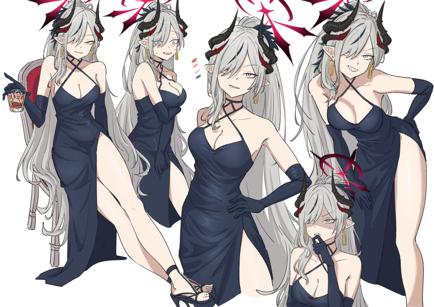 1girl absurdres blue_archive blue_dress breasts dress drink earrings elbow_gloves gloves grey_eyes grey_hair halo high_heels highres horns jewelry makoto_(blue_archive) makoto_(dress)_(blue_archive) multiple_horns poses red_halo simple_background tinkie white_background