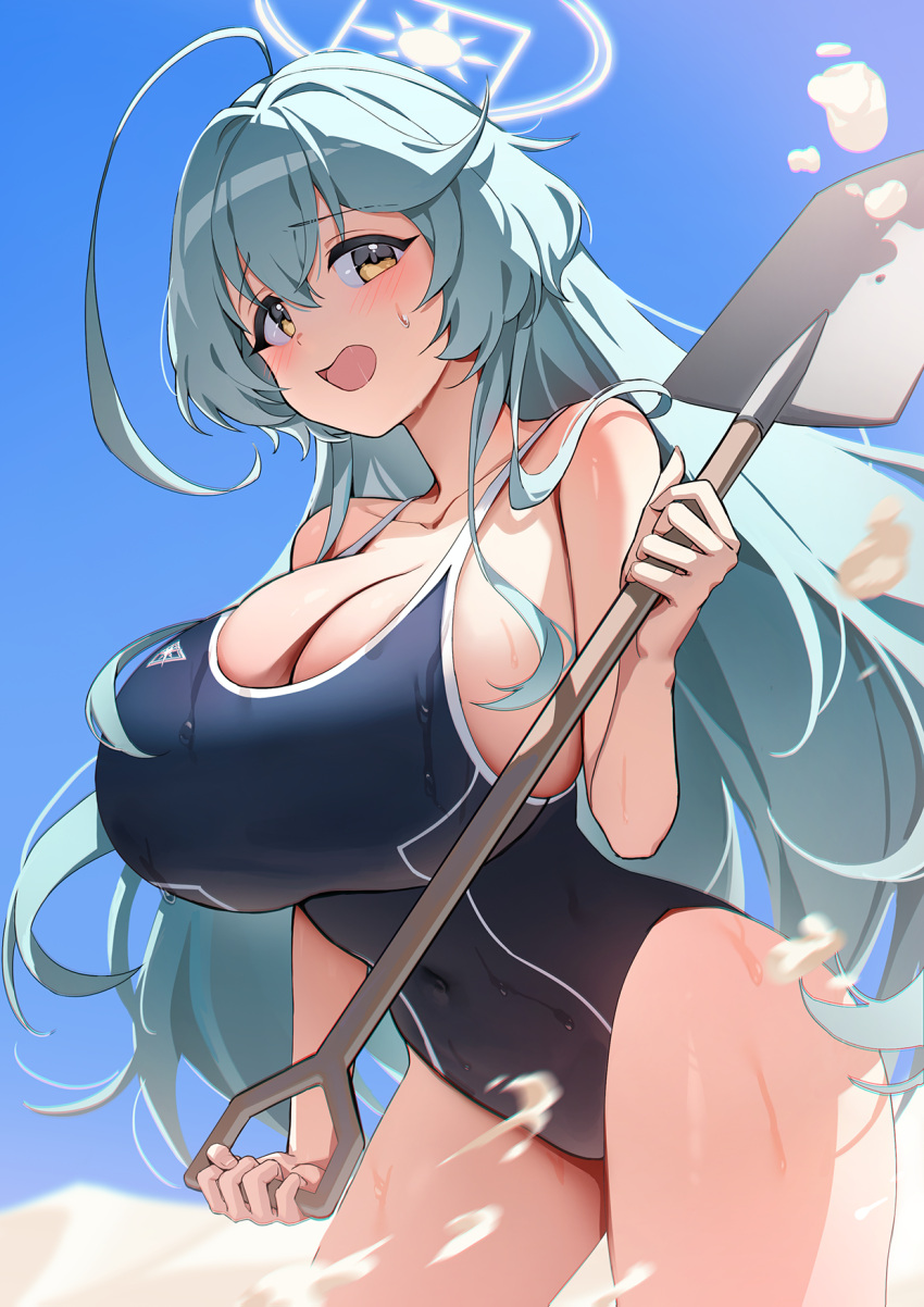 1girl ahoge ass bare_arms bare_legs bare_shoulders black_one-piece_swimsuit blue_archive blush breasts cleavage cowboy_shot day green_hair hair_between_eyes halo highres holding holding_shovel huge_breasts long_hair one-piece_swimsuit open_mouth outdoors picter sand school_swimsuit shovel solo sweat swimsuit yellow_eyes yellow_halo yume_(blue_archive)