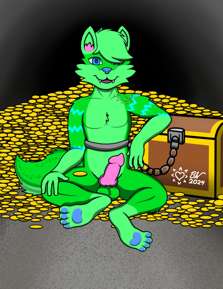 absurd_res anthro balls_deep bite_mark blood bodily_fluids canid canine canis cave cel_shading chain chained chest_tuft coin fangs fluffy fluffy_tail genitals gold_(metal) gold_coin hi_res jazovyx male mammal pawpads paws penetration penis shaded signature sitting smile solo tail teeth treasure treasure_chest treasure_hoard tuft waist_belt wolf