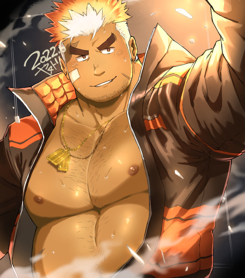 1boy arm_up bandaid bandaid_on_cheek bandaid_on_face bara bare_pectorals black_jacket blonde_hair blush chest_hair collared_jacket commentary_request dark-skinned_male dark_skin dated dog_tags facial_hair gradient_hair highres jacket large_pectorals light looking_at_viewer male_focus mature_male multicolored_clothes multicolored_hair multicolored_jacket muscular muscular_male navel_hair nipples open_clothes open_jacket orange_hair orange_jacket parted_lips pectorals plump reaching reaching_towards_viewer red_eyes scar scar_on_cheek scar_on_face scar_on_forehead short_hair signature smile smoke solo sweat thick_eyebrows tokyo_afterschool_summoners two-tone_jacket ulaanbaatar_(housamo) upper_body v-shaped_eyebrows yanutorie