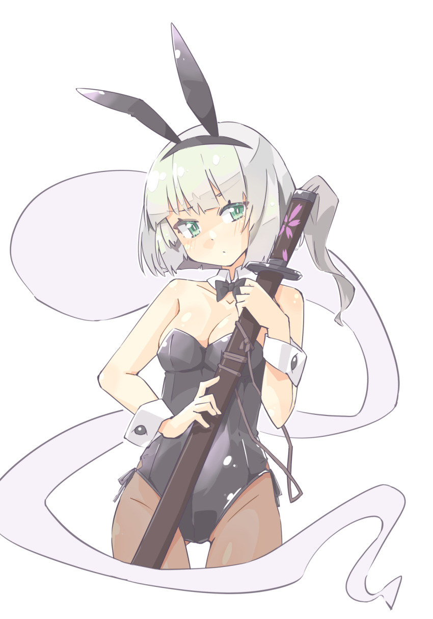 1girl animal_ears arnest bare_shoulders black_bow black_bowtie black_leotard black_pantyhose bow bowtie breasts cleavage detached_collar expressionless fake_animal_ears green_eyes grey_hair highres holding holding_sheath holding_sword holding_weapon konpaku_youmu konpaku_youmu_(ghost) large_breasts leotard pantyhose playboy_bunny rabbit_ears sheath sheathed short_hair strapless strapless_leotard sword touhou weapon wrist_cuffs