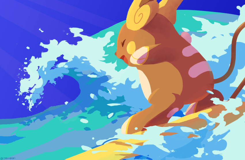 :d alolan_raichu closed_eyes commentary_request day highres john_(kyoj) no_humans open_mouth outdoors pokemon pokemon_(creature) sky smile solo surfing water waves