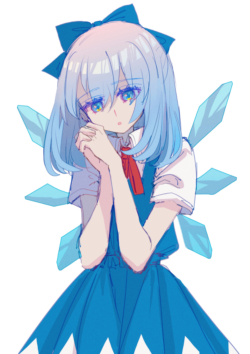 1girl absurdres aged_up blue_bow blue_dress blue_eyes blue_hair bow cirno collared_shirt cowboy_shot detached_wings dress hair_between_eyes hair_bow head_tilt highres interlocked_fingers medium_hair neck_ribbon own_hands_together pinafore_dress red_ribbon ribbon shirt shocho_(shaojiujiu) short_sleeves simple_background sleeveless sleeveless_dress solo touhou white_background white_shirt wings