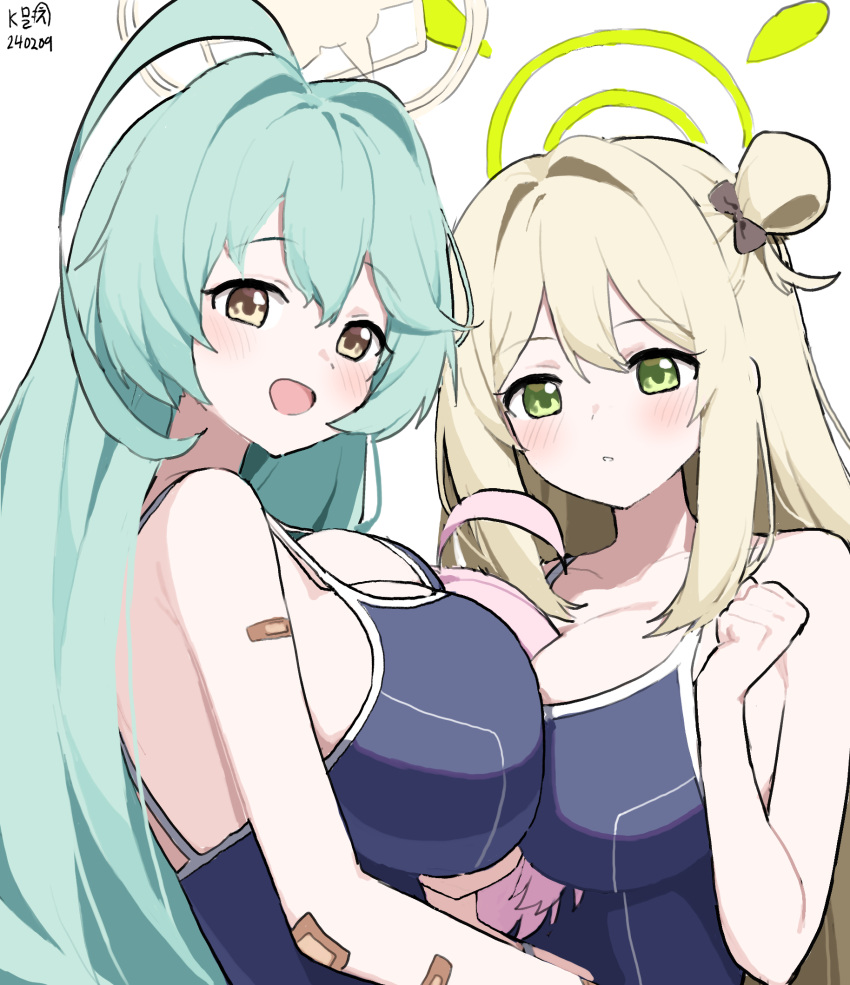 3girls artist_name bandaid bare_arms bare_shoulders black_one-piece_swimsuit blue_archive blush breasts dated green_eyes green_hair green_halo halo highres hoshino_(blue_archive) hoshino_(young)_(blue_archive) huge_breasts large_breasts light_brown_hair long_hair multiple_girls myeolchi nonomi_(blue_archive) one-piece_swimsuit open_mouth parted_lips pink_hair ribbon school_swimsuit short_hair signature simple_background smile swimsuit white_background yellow_eyes yellow_halo yume_(blue_archive)