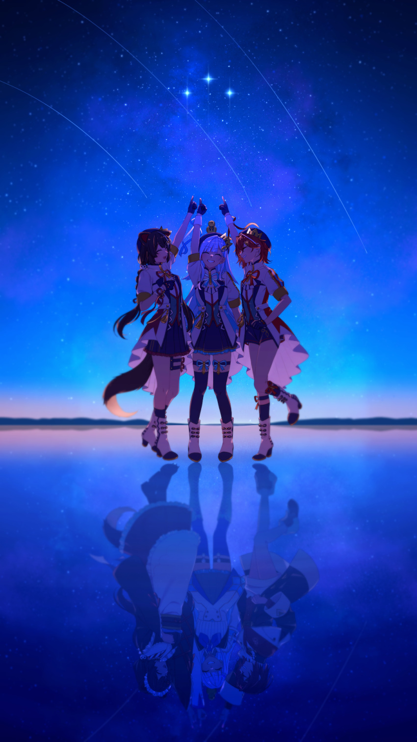 3girls :d ange_katrina animal_ears arm_up bangs blue_gloves blue_hair blue_headwear blue_skirt blue_socks blue_theme blunt_bangs boots brown_hair closed_eyes dog_ears dog_girl dog_tail gloves grin hat highres inui_toko jacket kneehighs lize_helesta long_hair multiple_girls night night_sky nijisanji open_clothes open_jacket red_hair reflection reflective_floor sakuraki_riichi sebastian_piyodore short_sleeves skirt sky smile socks standing standing_on_one_leg star_(sky) starry_sky tail thigh_strap twintails very_long_hair virtual_youtuber white_footwear white_jacket