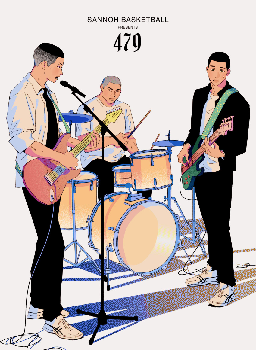 3boys absurdres black_eyes black_hair buzz_cut drum drum_set fukatsu_kazunari full_body gakuran grey_background guitar highres holding holding_guitar holding_instrument instrument kawata_masashi looking_at_another male_focus microphone_stand mmoeblush multiple_boys music sawakita_eiji school_uniform shadow short_hair simple_background singing sitting slam_dunk_(series) sweatdrop undercut very_short_hair