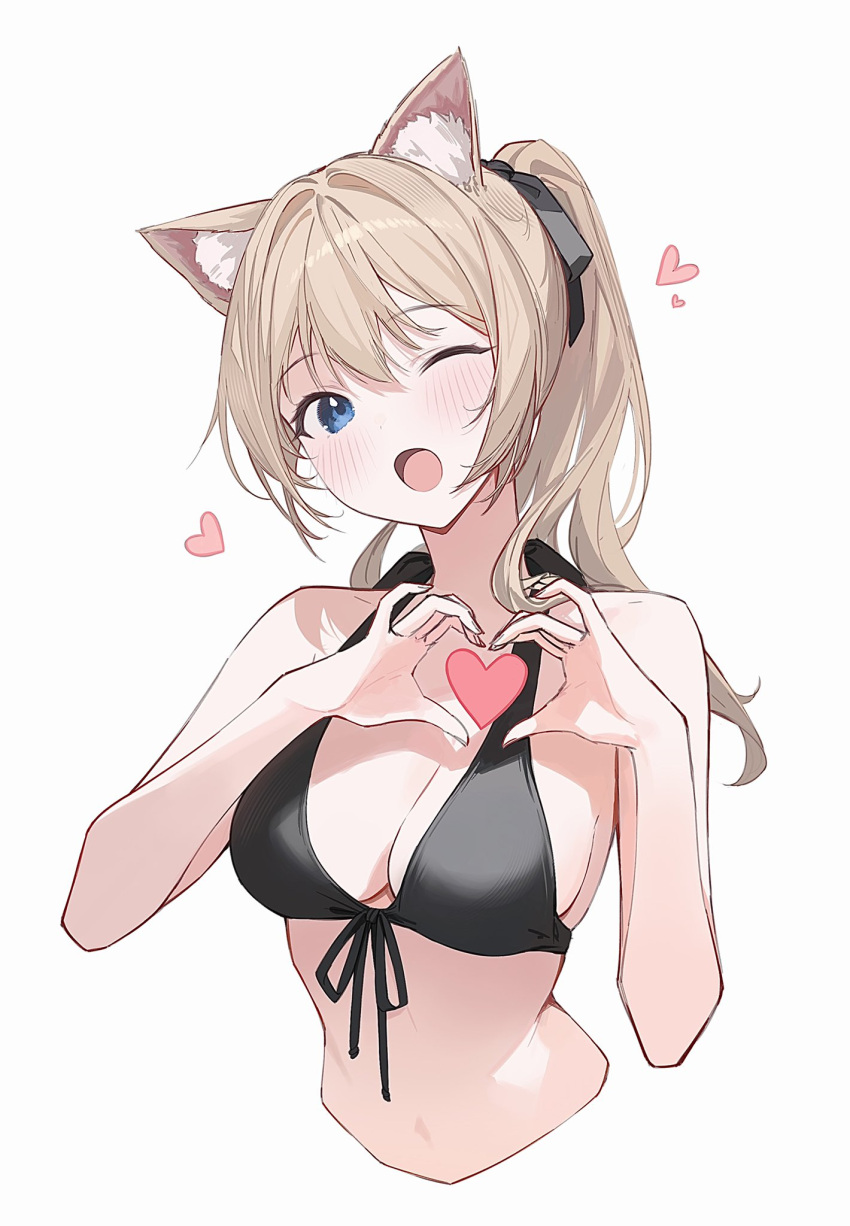 1girl animal_ear_fluff animal_ears bare_arms bare_shoulders bikini black_bikini black_ribbon blonde_hair blue_eyes blush breasts cat_ears cat_girl cleavage commentary front-tie_bikini_top front-tie_top hair_ribbon heart heart_hands highres looking_at_viewer medium_breasts navel one_eye_closed open_mouth original ponytail ribbon simple_background solo soybean_(hisoybean) swimsuit symbol-only_commentary upper_body white_background