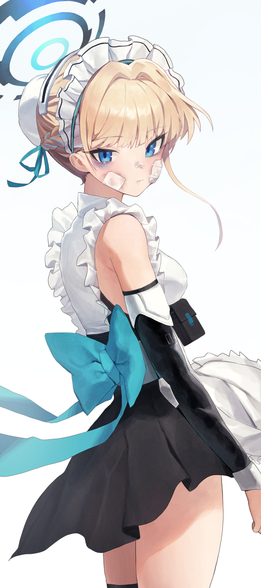 1girl absurdres aqua_bow back_bow bandaid bandaid_on_cheek bandaid_on_face blonde_hair blue_archive blue_eyes bow braid breasts bruise bruise_on_face bun_cover chest_harness detached_sleeves hair_bun hair_intakes halo harness highres injury leste_(humansequencer) looking_at_viewer looking_to_the_side maid maid_headdress medium_breasts simple_background single_hair_bun solo toki_(blue_archive) white_background