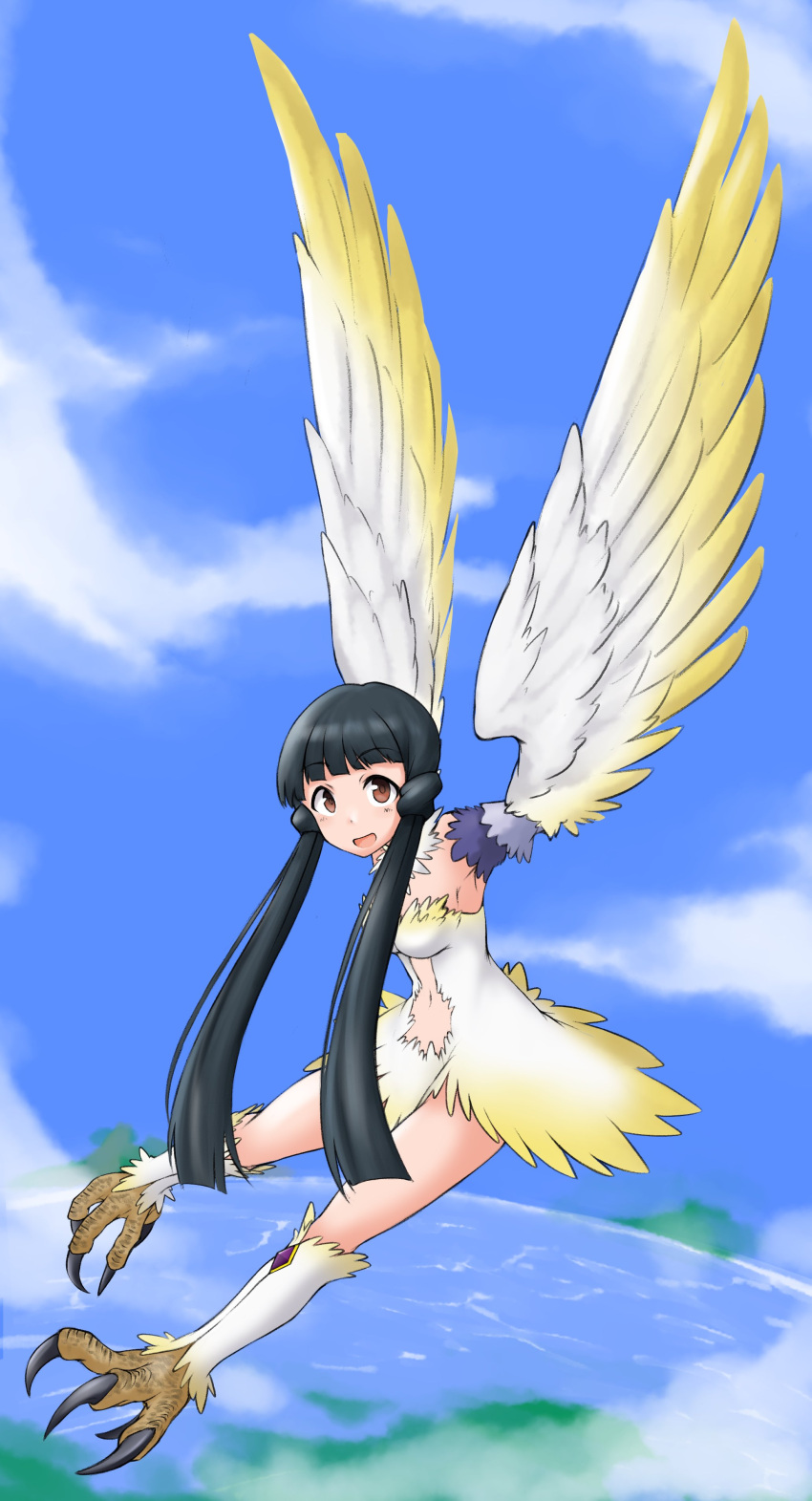 1girl :d absurdres bird_legs black_hair blue_sky blunt_ends brown_eyes claws cloud day feathered_wings flying gonyleptidae harpy highres idolmaster idolmaster_million_live! idolmaster_million_live!_theater_days kitakami_reika long_hair looking_at_viewer monster_girl monsterification navel ocean outdoors sky smile solo twintails very_long_hair winged_arms wings