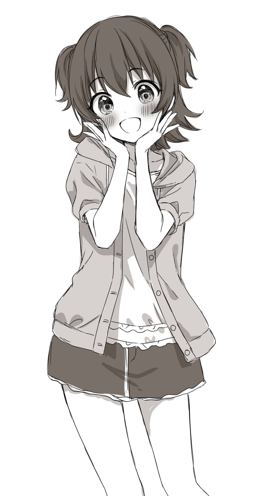 1girl akagi_miria bare_legs blush commentary_request feet_out_of_frame greyscale hands_on_own_cheeks hands_on_own_face highres hood hooded_jacket idolmaster idolmaster_cinderella_girls jacket looking_at_viewer monochrome short_sleeves simple_background smile solo tottoto_tomekichi two_side_up white_background