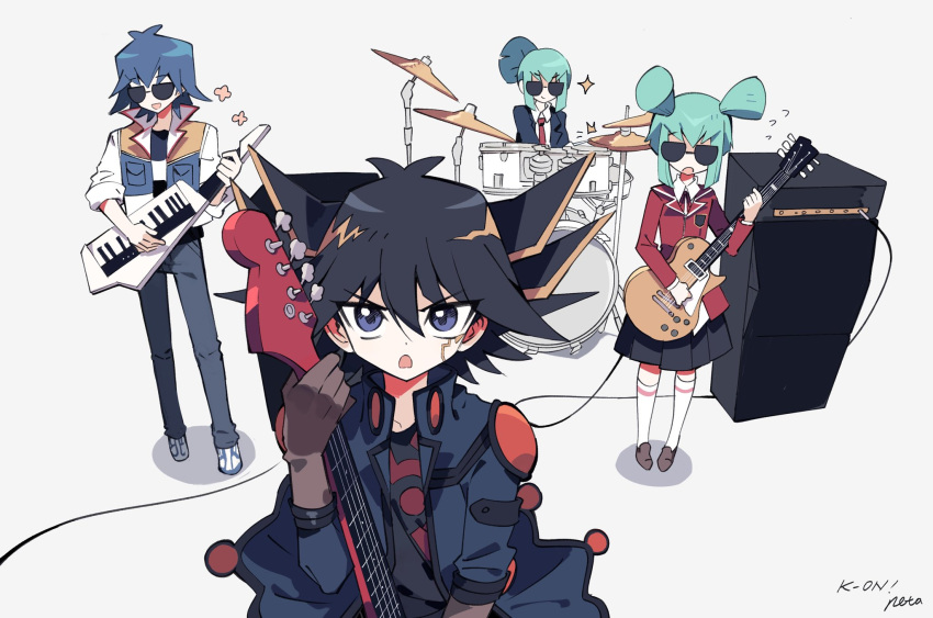 1girl 3boys amplifier band black_hair black_skirt blue_eyes blue_hair blue_jacket blue_pants blue_shirt brother_and_sister brown_footwear brown_gloves bruno_(yu-gi-oh!) child collared_shirt cymbals denim determined drum drum_set drumsticks elbow_pads electric_guitar facial_mark facial_tattoo flying_sweatdrops fudou_yuusei gloves green_hair grey_background guitar high_collar highres holding holding_drumsticks holding_instrument instrument izuygo jacket jeans k-on! keyboard_(instrument) kneehighs lua_(yu-gi-oh!) luca_(yu-gi-oh!) male_focus medium_hair multicolored_clothes multicolored_hair multicolored_jacket multiple_boys music neck_ribbon open_clothes open_jacket open_mouth pants parody playing_guitar red_jacket red_ribbon ribbon school_uniform shadow shirt shoes short_hair short_ponytail short_twintails shoulder_pads siblings sidelocks simple_background singing skirt sleeves_rolled_up sneakers socks spiked_hair spoken_flower streaked_hair sunglasses tattoo translation_request twins twintails white_shirt white_socks wire yu-gi-oh! yu-gi-oh!_5d's