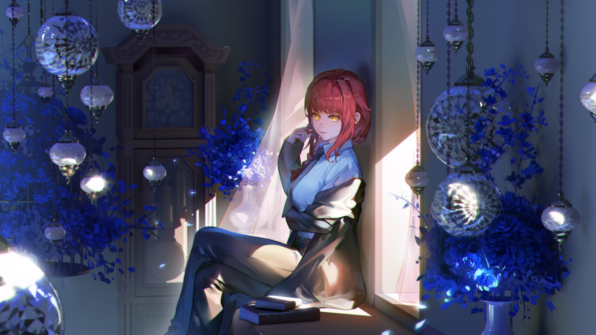 1girl absurdres adjusting_hair arm_under_breasts book chainsaw_man coat collar dress_pants dress_shirt flower from_side hand_up highres looking_at_viewer makima_(chainsaw_man) necktie off_shoulder on_bench red_hair shirt sitting solo vase yellow_eyes zame_(960944453)