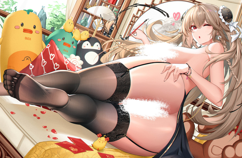 1girl absurdres anchorage_(azur_lane) anchorage_(moonlit_boat_ride)_(azur_lane) ass azur_lane back_cutout black_panties black_thighhighs bow bow_earrings bracelet braid breasts bun_cover censored clothing_aside clothing_cutout double_bun earrings from_behind garden01 garter_straps hair_bun hand_on_own_ass heart highres holding_calligraphy_brush hongbao jewelry lace-trimmed_legwear lace-trimmed_panties lace_trim large_breasts light_brown_hair long_hair looking_at_viewer looking_back lying manjuu_(azur_lane) no_panties no_shoes official_alternate_costume on_side one_eye_closed open_mouth panties pantyshot pelvic_curtain pelvic_curtain_aside smile soles stuffed_toy thighhighs topless twin_braids twintails underwear