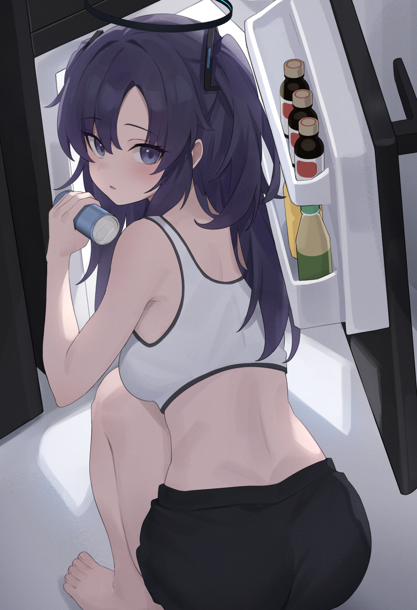 1girl absurdres ass back barefoot black_shorts blue_archive blush breasts can from_behind halo highres holding holding_can long_hair looking_at_viewer looking_back mechanical_halo medium_breasts parted_lips purple_eyes purple_hair refrigerator shorts solo squatting toes two_side_up yuuka_(blue_archive) zeatto