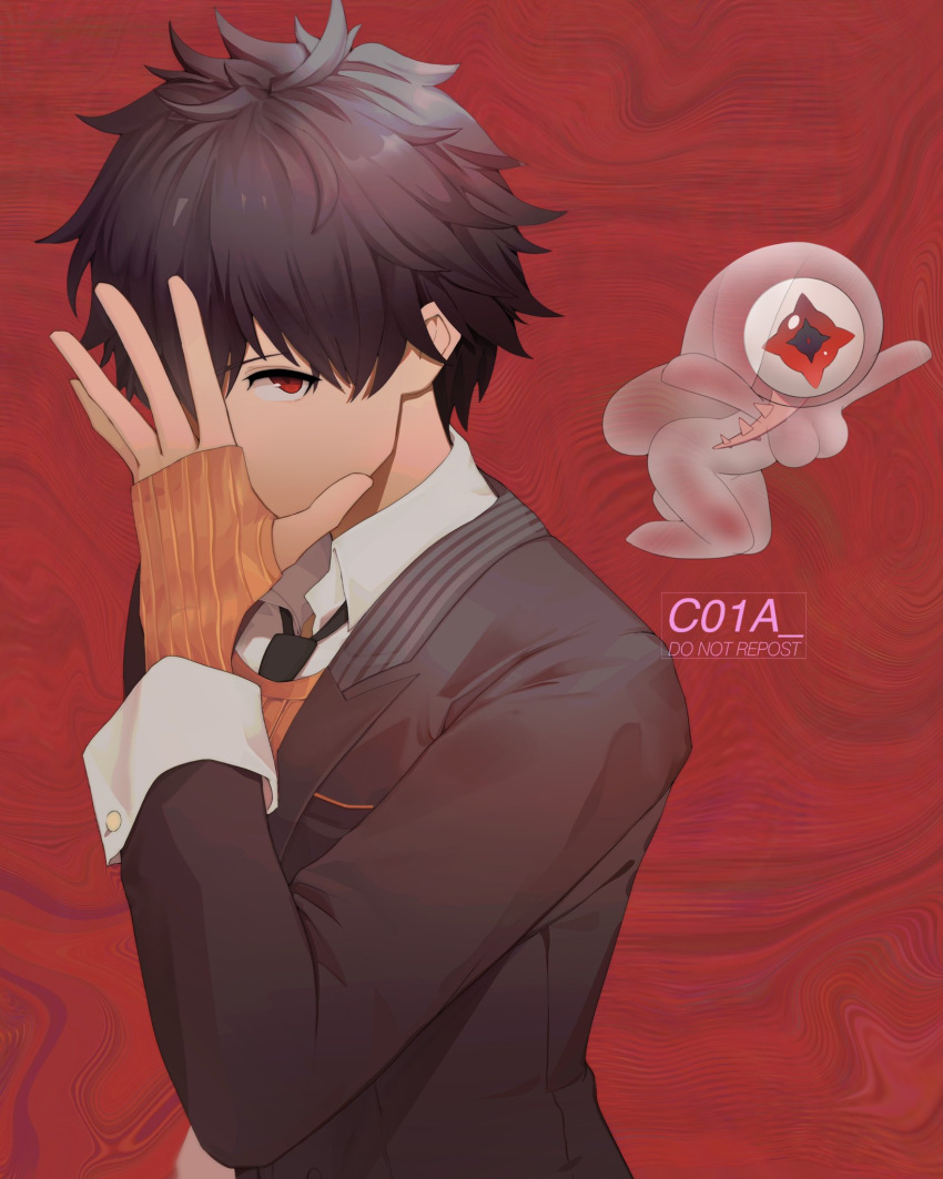 1boy ai_the_somnium_files ai_the_somnium_files:_nirvana_initiative artist_name bangs banned_artist black_hair black_jacket black_necktie c01a_(cola) eyeball hand_up highres jacket long_sleeves necktie orange_sweater red_background red_eyes ryuki_kuruto shirt short_hair sweater tama_(ai_the_somnium_files) upper_body white_shirt