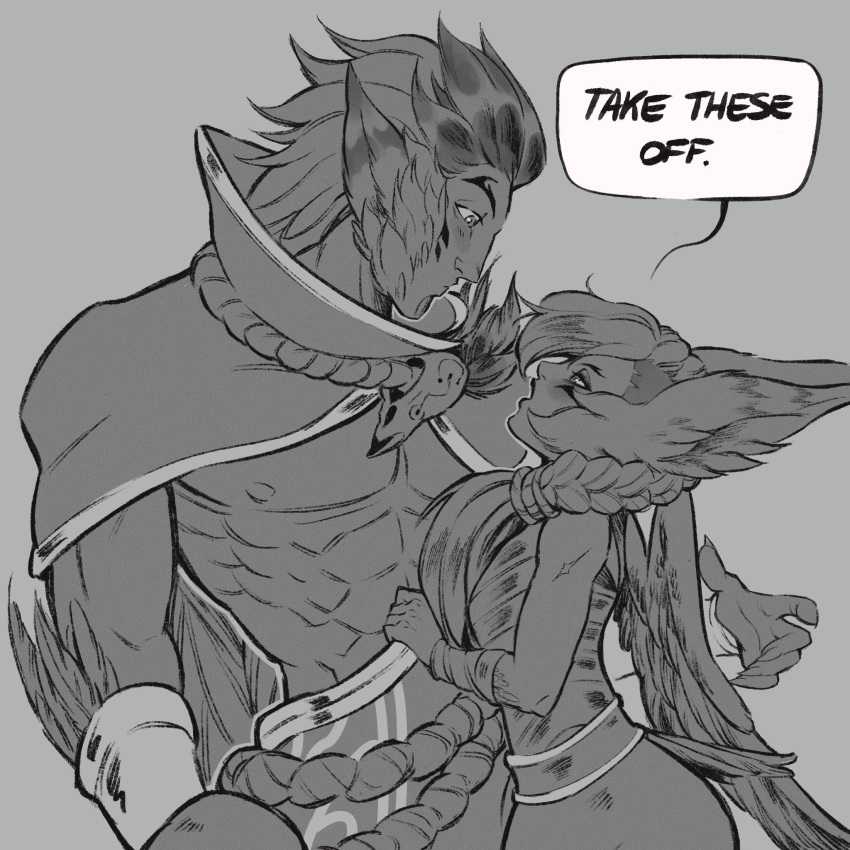 1boy 1girl abs animal_ears bird_boy bird_ears bird_girl bird_tail blush braid double_daggers english_text eye_contact from_side greyscale highres league_of_legends long_hair looking_at_another monochrome muscular muscular_male pants profile rakan_(league_of_legends) short_hair speech_bubble tail xayah