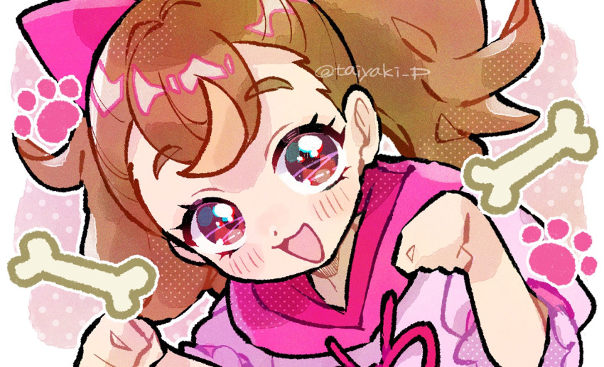 1girl blush bone border brown_eyes brown_hair clenched_hands doradorakingyo hood hooded_sweater inukai_komugi leaning_forward looking_at_viewer open_mouth paw_pose paw_print pink_sweater polka_dot polka_dot_background precure solo sweater upper_body white_border wonderful_precure!