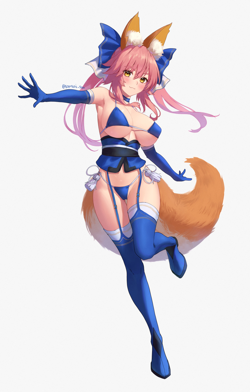 1girl absurdres animal_ear_fluff animal_ears bikini blue_bikini blue_thighhighs blush boots breasts commentary_request elbow_gloves fate/extella fate/extra fate_(series) fox_ears fox_girl fox_tail garter_straps gloves hair_ornament hair_ribbon highres large_breasts long_hair looking_at_viewer pink_hair ribbon side-tie_bikini_bottom simple_background smile solo swimsuit tail tamamo_(fate) tamamo_no_mae_(fate/extra) tansui_san_(tcjp4784) thigh_boots thighhighs thighhighs_under_boots white_background yellow_eyes