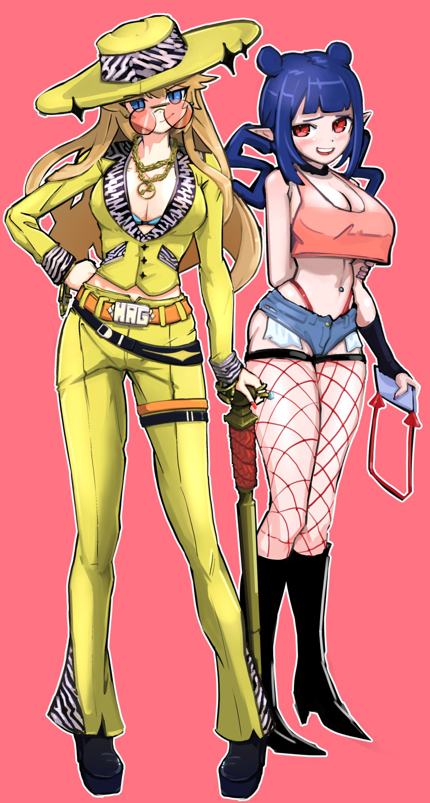 2girls absurdres alternate_costume bag belt black_footwear blue_eyes blue_hair boots breasts cane chain cleavage contrapposto denim denim_shorts dizzy_dokuro eight_tyan english_commentary english_text fallout_(series) fallout_new_vegas fishnet_thighhighs fishnets full_body gold_chain hand_on_own_hip handbag head_tilt high_heel_boots high_heels highres holding holding_bag holding_cane implied_prostitution jewelry jitome kaneko_lumi large_breasts long_hair long_legs micro_shorts multiple_girls navel navel_piercing open_mouth pants phase_connect piercing pimp pink_background platform_footwear pointy_ears raised_eyebrow red_eyes ring round_eyewear shorts simple_background smile smirk smug standing suit thigh_strap thighhighs thighs virtual_youtuber yellow_pants yellow_suit