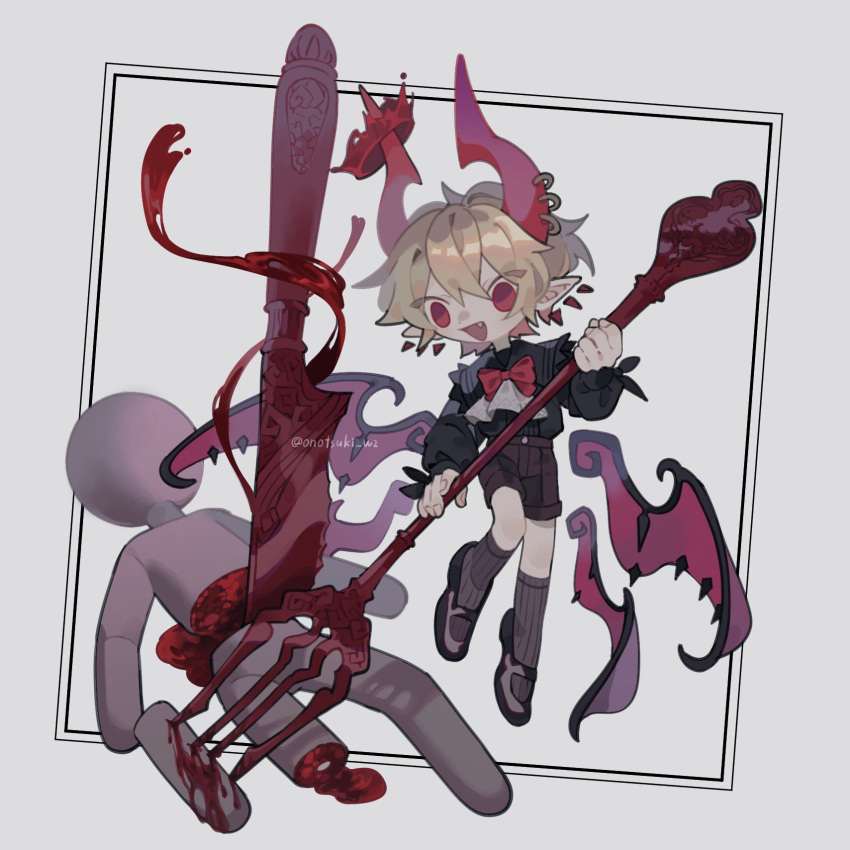1boy ascot black_shirt blonde_hair bow bowtie brown_shorts butter_knife collared_shirt crown deformed demon_boy demon_horns demon_wings fang floating floating_crown fork full_body grey_ascot grey_background grey_footwear grey_socks hair_between_eyes hemokinesis highres holding holding_fork horn_ornament horn_piercing horns impaled inset_border long_sleeves looking_at_object male_focus mary_janes multiple_wings no_pupils onotsuki_w2 open_mouth original outside_border oversized_object pointy_ears puffy_long_sleeves puffy_sleeves red_bow red_bowtie red_eyes red_horns red_wings severed_limb severed_torso shirt shirt_tucked_in shoes short_hair shorts socks solo wings
