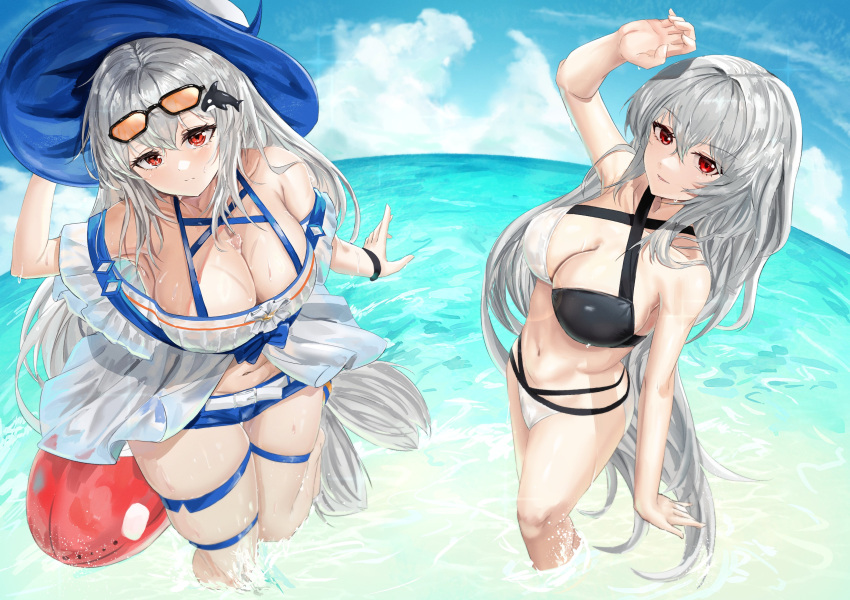 2girls absurdres arknights bikini black_bikini blue_headwear breasts collarbone commentary eyewear_on_head grey_hair hat highres large_breasts long_hair looking_at_viewer multiple_girls ocean orca outdoors putcho red_eyes skadi_(arknights) skadi_(waverider)_(arknights) sky specter_(arknights) stuffed_animal stuffed_toy sunglasses swimsuit thigh_strap very_long_hair water white_bikini