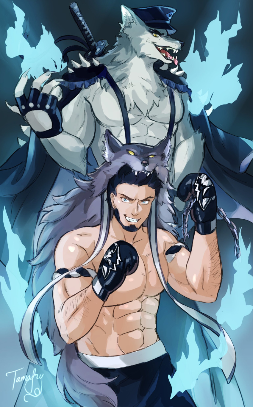 2boys absurdres bara beard black_hair blue_fire boxing_gloves commission cowboy_shot danny_(felixnosi) facial_hair fighting_stance fire full_beard furrification furry grin highres katana large_pectorals looking_at_viewer male_focus mature_male multiple_boys muscular muscular_male original pectorals pyrokinesis sheath sheathed short_hair smile sparse_arm_hair stand_(jojo) suspenders sword tamafry thick_eyebrows weapon wolf_boy wolf_hood wrestler