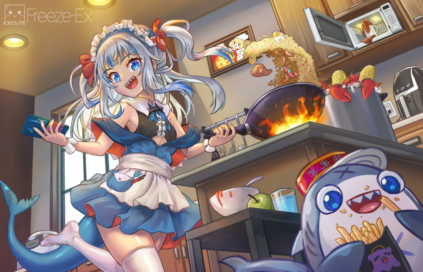 1girl absurdres apple apron artist_name black_shirt bloop_(gawr_gura) blue_eyes blue_hair blue_skirt bow bowl breasts cellphone cooking corn_cob cup drinking_glass dutch_angle food freeze-ex french_fries fried_rice fruit frying_pan gawr_gura hair_bow highres holding holding_frying_pan holding_phone hololive hololive_english indoors kitchen lobster long_hair looking_at_viewer maid_apron maid_headdress microwave multicolored_hair no_shoes off_shoulder open_mouth phone red_bow sharp_teeth shirt shrimp skindentation skirt small_breasts smartphone smile solo spatula spoon streaked_hair table teeth thighhighs waist_apron watson_amelia white_apron white_hair wrist_cuffs