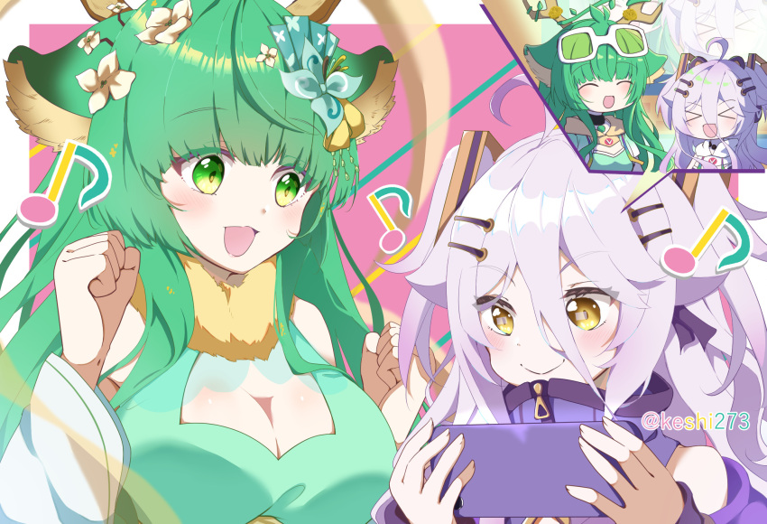 2girls ahoge animal_ears antlers breasts cellphone cleavage closed_mouth deer_ears dress flower green_dress green_eyes green_hair grey_hair hair_between_eyes hair_flower hair_ornament hair_ribbon hairpin haruka_karibu henya_the_genius henya_the_genius_(1st_costume) highres holding holding_phone horns keshi273 large_breasts long_bangs long_hair multiple_girls musical_note open_mouth phone purple_dress purple_ribbon reindeer_antlers reindeer_girl ribbon sleeveless sleeveless_dress smartphone smile two_side_up vshojo vshojo_idol_uniform_(candy_pop) yellow_eyes zipper zipper_pull_tab