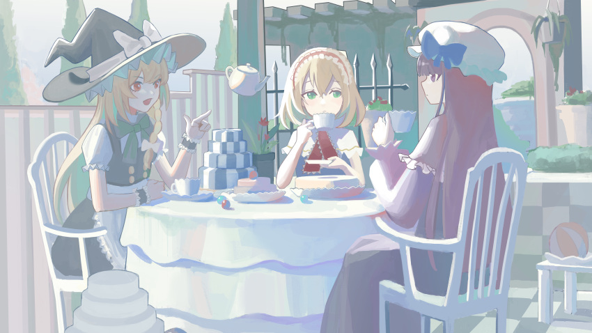 3girls absurdres alice_margatroid apron ascot black_skirt blonde_hair bow braid capelet chair cup double-parted_bangs dress frilled_apron frilled_ascot frills green_eyes hair_between_eyes hairband hat hat_bow highres holding holding_cup kirisame_marisa lolita_hairband long_hair longwatry mob_cap multiple_girls open_mouth outdoors patchouli_knowledge pointing puffy_short_sleeves puffy_sleeves purple_dress purple_eyes purple_hair red_eyes red_hairband short_hair short_sleeves single_braid sitting skirt tea_party teacup teapot touhou waist_apron white_capelet witch_hat wrist_cuffs