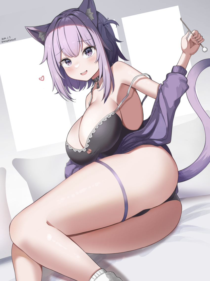 1girl absurdres ahoge animal_ear_fluff animal_ears black_collar blush breasts cat_ears cat_girl cat_tail cleavage collar hair_between_eyes highres hololive large_breasts looking_at_viewer medium_hair nekomata_okayu nekomata_okayu_(7th_costume) official_alternate_costume open_mouth purple_eyes purple_hair smile solo tail two_side_up vanillafox2035 virtual_youtuber