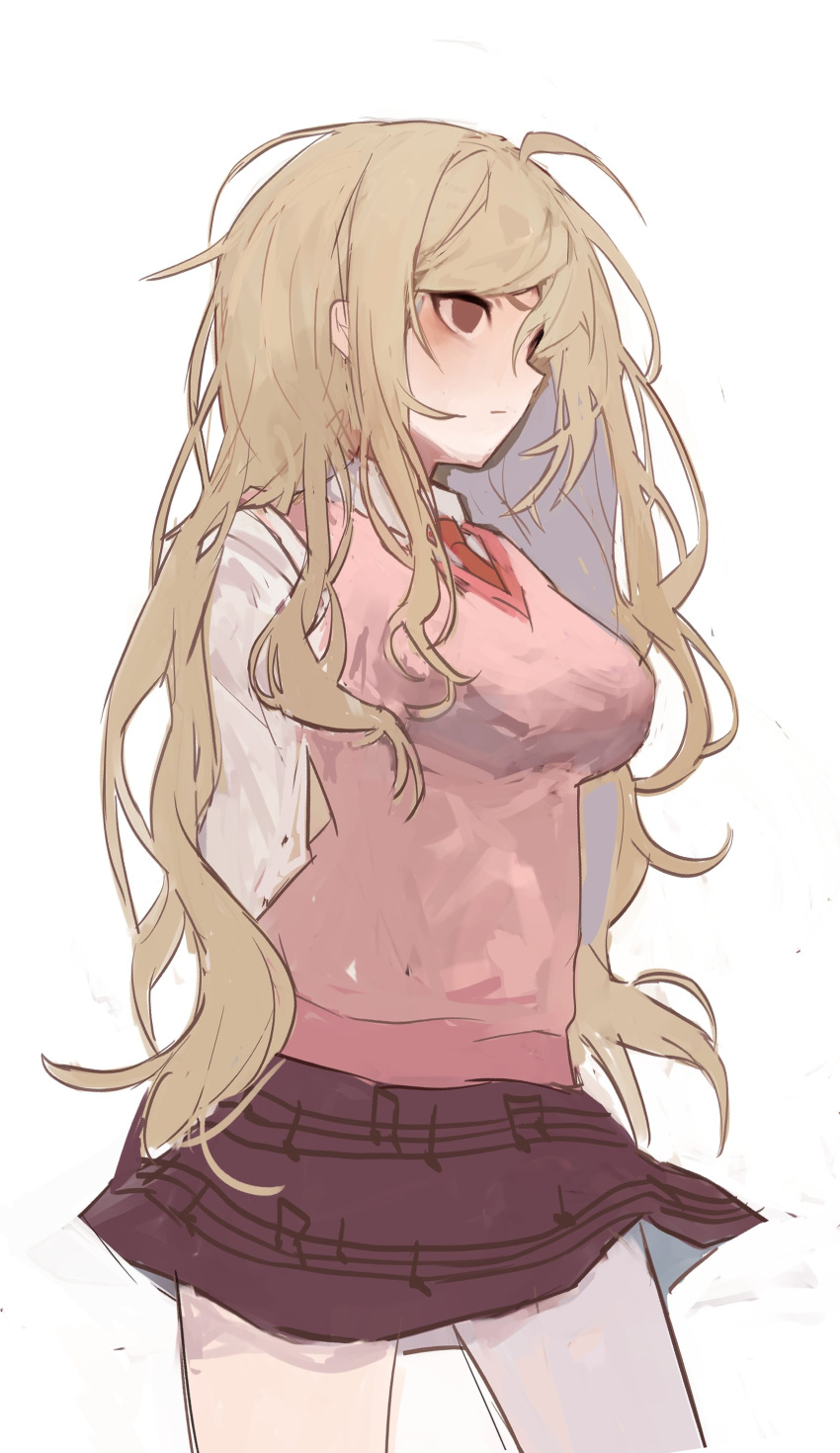 1girl absurdres akamatsu_kaede alternate_hair_length alternate_hairstyle bangs blonde_hair breasts closed_mouth danganronpa_(series) danganronpa_v3:_killing_harmony haru_(ririne9999rine) highres long_hair medium_breasts messy_hair musical_note musical_note_print necktie pink_vest purple_skirt red_eyes red_necktie shirt simple_background skirt solo sweater_vest very_long_hair vest white_background white_shirt