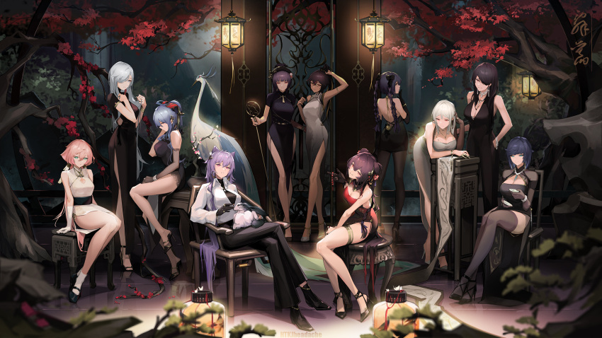6+girls alternate_costume alternate_hairstyle antlers aqua_eyes artist_name backless_dress backless_outfit bare_back bare_shoulders beidou_(genshin_impact) black_dress black_footwear black_gloves black_hair black_headwear black_pants black_ribbon black_shirt blonde_hair blue_hair bracelet braid breasts brown_hair chair claw_ring cleavage cleavage_cutout closed_mouth clothing_cutout cloud_retainer_(genshin_impact) collared_jacket commentary_request cone_hair_bun crossed_legs dress earrings elbow_gloves flower from_behind ganyu_(genshin_impact) genshin_impact gloves goat_horns gradient_dress grey_dress grey_footwear grey_thighhighs hair_bun hair_ornament hair_over_one_eye heitian_keji high_heels highres holding holding_staff horns hu_tao_(genshin_impact) jacket jewelry keqing_(genshin_impact) lantern leaning_on_object long_hair long_sleeves looking_at_viewer mary_janes mona_(genshin_impact) multicolored_hair multiple_girls multiple_rings necklace ningguang_(genshin_impact) pants pearl_bracelet pink_hair plant plum_blossoms plunging_neckline pom_pom_(clothes) pom_pom_hair_ornament potted_plant purple_hair rabbit red_dress red_eyes red_flower red_hair ribbon ring shenhe_(genshin_impact) shirt shoes side_slit single_glove sitting sleeveless sleeveless_dress smile socks staff stool thighhighs thighlet tree twin_braids white_dress white_gloves white_hair white_jacket white_socks wide_shot xinyan_(genshin_impact) yanfei_(genshin_impact) yelan_(genshin_impact) yun_jin_(genshin_impact)