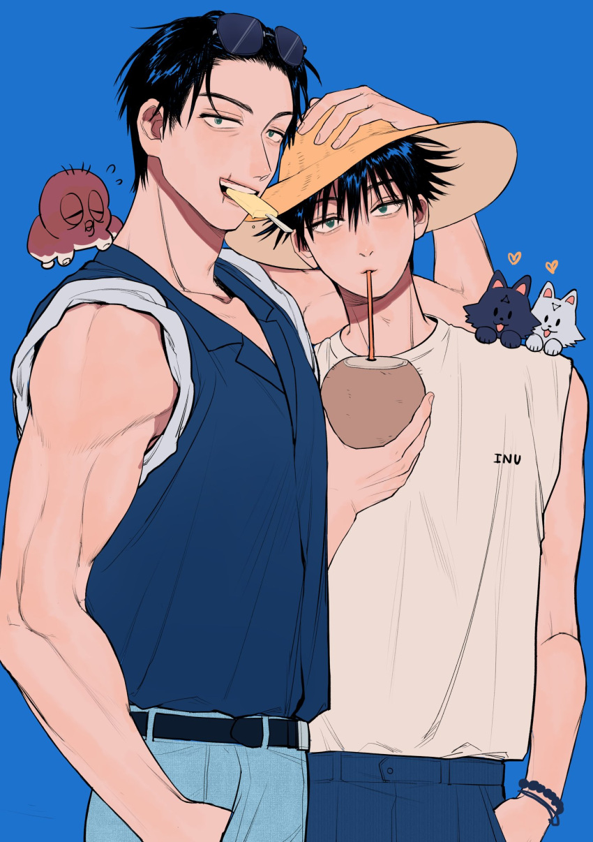 2boys bangs belt black_hair blue_background blue_pants blue_shirt bracelet coconut collarbone dog drinking drinking_straw eyelashes eyewear_on_head father_and_son food fruit_cup fushiguro_megumi fushiguro_touji green_eyes hair_between_eyes hand_in_pocket hand_on_another's_head hat head_tilt heart highres holding jewelry jujutsu_kaisen li_chestnuts looking_at_viewer male_focus mature_male monster mouth_hold multiple_boys muscular muscular_male pants popsicle scar scar_on_face scar_on_mouth shirt short_hair simple_background sleeveless standing summer sun_hat sunglasses symbol-only_commentary teeth white_shirt