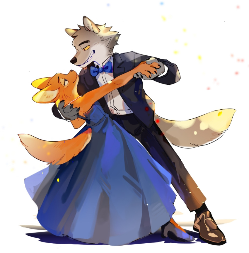 anthro apron black_tie_(suit) canid canine canis cannie clothing dancing diane_foxington dreamworks dress duo fangs female formal_wear fox fur grey_body grey_fur hand_holding high_heels holding_partner looking_pleasured male male/female mammal mr._wolf_(the_bad_guys) orange_body orange_fur smile suit tail_motion tailwag the_bad_guys twankle wolf