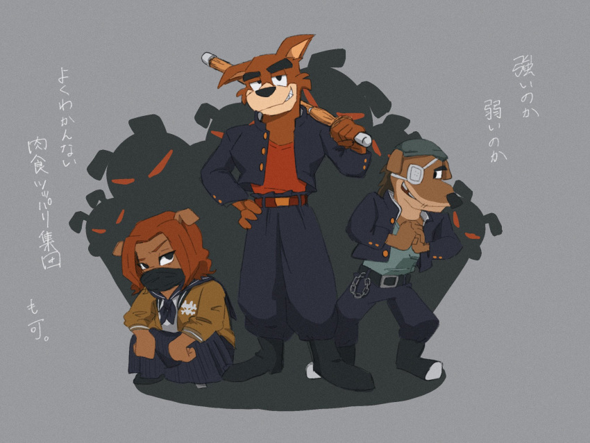 2020 4_fingers anthro brown_body brown_fur canid canine canis clothed clothing disney domestic_dog don_karnage ducktales ducktales_(2017) eye_patch eyebrows eyewear female fingers fur grey_background group hair hi_res japanese_text looking_at_viewer male mammal mmmt3c_d peg_leg_meg red_wolf simple_background talespin text trio ugly_mug wolf