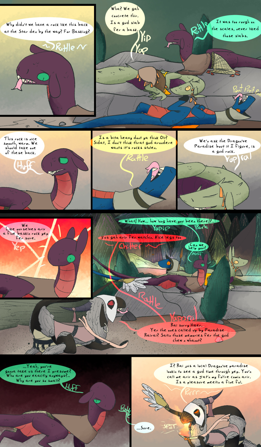 absurd_res basking comic dinosaur dragon dragonscape drekir dromaeosaurid drug_usage drugs female feral flirting forest forl_(thepatchedragon) group hi_res jat_(thepatchedragon) male melee_weapon mountain oli_(thepatchedragon) plant polearm post-apocalyptic raised_tail ralan_(thepatchedragon) reptile scalie smoking smoking_pipe spear sunbathing text thepatchedragon theropod tree tribal tribal_clothing weapon