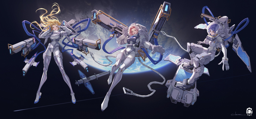 3girls absurdres armor artist_logo artist_name astronaut battlesuit belt blonde_hair blue_eyes bodysuit breastplate cable citemer floating gloves gun hand_on_own_face headband highres long_hair looking_at_viewer mature_female multiple_girls original pink_eyes pink_hair signature smile space space_helmet surfing teeth weapon yellow_eyes