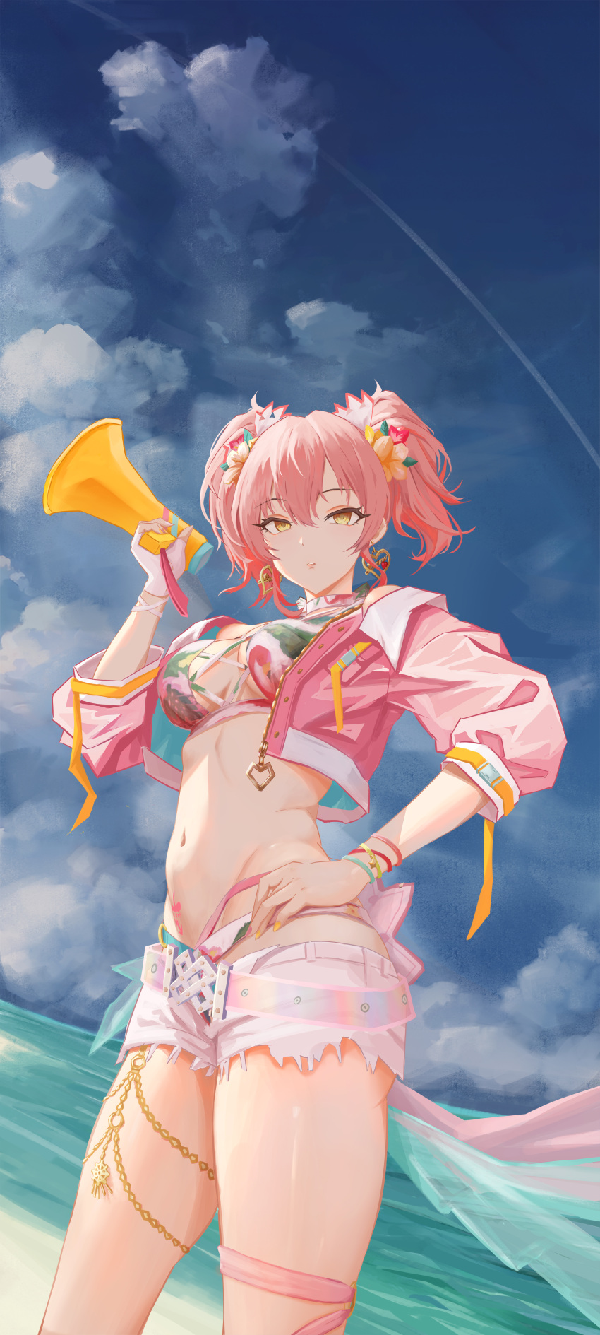 1girl absurdres beach bikini bikini_under_clothes breasts contrail cropped_jacket floral_print hand_on_own_hip highres holding holding_megaphone idolmaster idolmaster_cinderella_girls jacket jougasaki_mika looking_at_viewer medium_breasts megaphone navel official_alternate_costume outdoors pink_hair pink_jacket pubic_tattoo qingli_ye short_shorts shorts solo stomach swimsuit tattoo thigh_strap twintails white_shorts