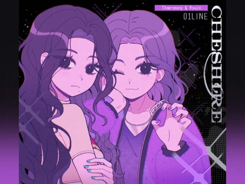 2girls animification black_eyes black_hair black_shirt brown_shirt chaeryeong_(itzy) character_name claw_pose earrings frown hair_behind_ear hand_on_own_arm hand_on_own_cheek hand_on_own_face itzy jacket jewelry long_hair mole mole_under_eye mole_under_mouth multiple_girls navel o_bianyi_didi_shu_o one_eye_closed purple_hair purple_jacket real_life ryujin_(itzy) shirt smile star_(sky)