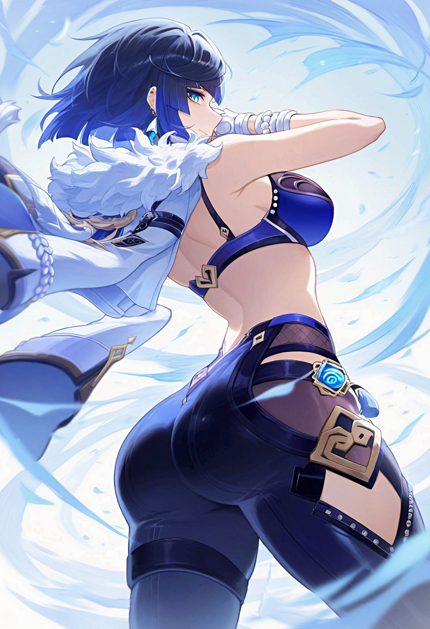 1girl absurdres arms_up ass ass_focus back backless_outfit blue_eyes breasts clothing_cutout finasu fur-trimmed_jacket fur_trim genshin_impact gloves highres huge_ass jacket looking_at_viewer looking_back pantyhose shoulder_cutout solo vision_(genshin_impact) white_gloves yelan_(genshin_impact)