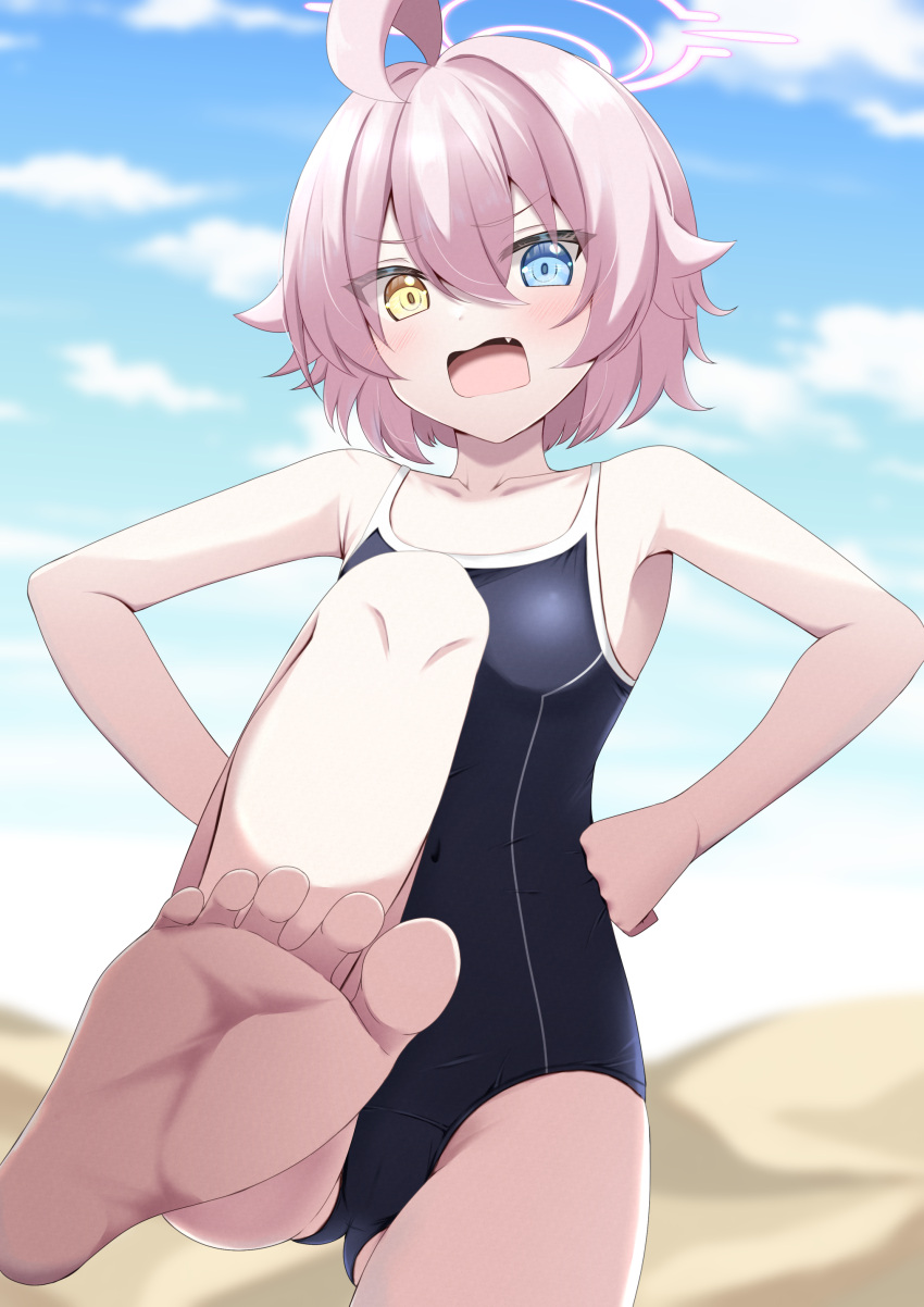 1girl absurdres ahoge ass_visible_through_thighs bare_arms bare_legs bare_shoulders barefoot black_one-piece_swimsuit blue_archive blue_eyes blush breasts collarbone day desert fang hair_between_eyes halo heterochromia highres hoshino_(blue_archive) hoshino_(young)_(blue_archive) kamesys one-piece_swimsuit open_mouth outdoors pink_hair pink_halo short_hair small_breasts soles solo swimsuit toes yellow_eyes