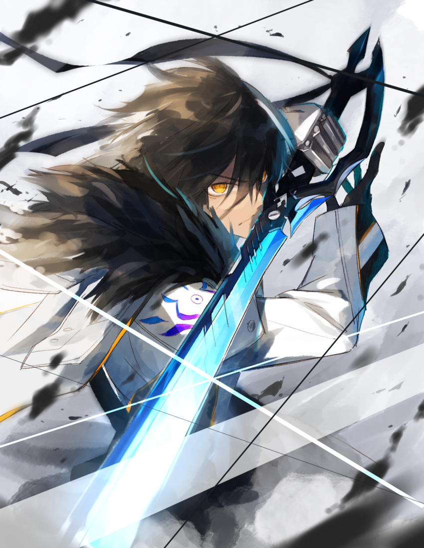 1boy black_fur black_gloves black_hair dark-skinned_male dark_skin elsword fur-trimmed_jacket fur_trim furious_blade_(elsword) gloves highres jacket malmaron raven_cronwell slashing solo sword tan weapon white_jacket yellow_eyes