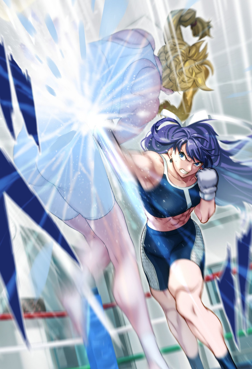 1girl 2girls abs absurdres aoba_(smartbeat) back bangs blonde_hair blue_eyes blue_shorts boxing_ring breasts clenched_teeth fate/grand_order fate_(series) fighting gloves highres large_breasts long_hair martha_(fate) multiple_girls muscular muscular_female ponytail punching purple_hair quetzalcoatl_(fate) shorts sports_bra teeth thighs white_gloves white_shorts