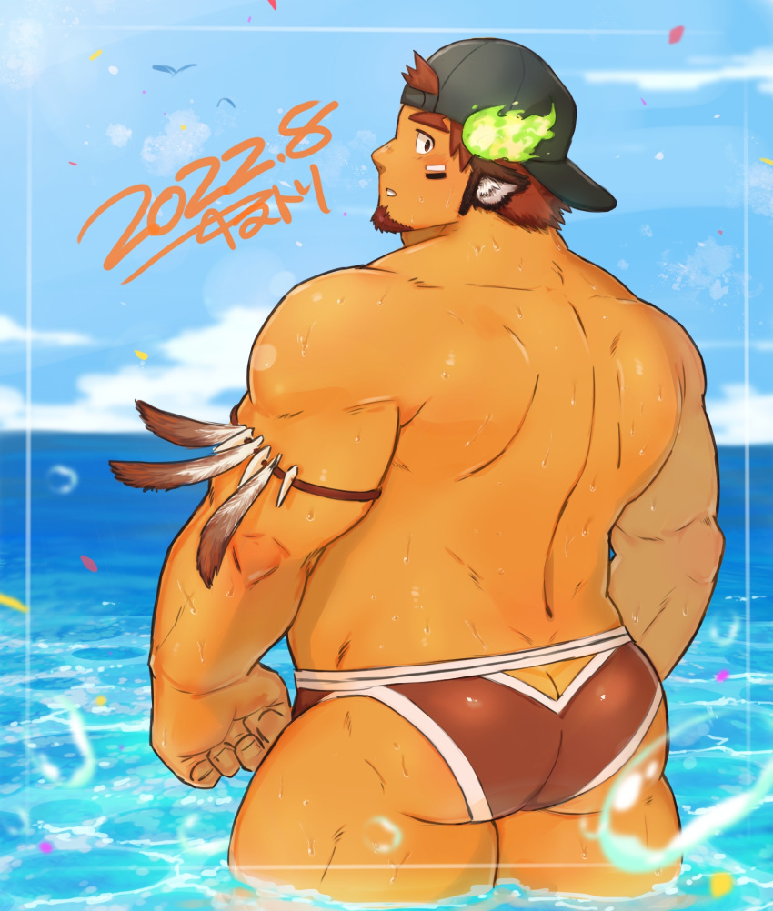 1boy animal_ears ass back backwards_hat bara brown_hair brown_male_swimwear butt_crack cloud cow_boy cow_ears cow_horns crotch_cutout dark-skinned_male dark_skin day eye_black facial_hair fiery_horns forked_eyebrows glowing_horns goatee hat highres horns male_focus male_swimwear muscular muscular_male outdoors short_hair sky solo swim_briefs tokyo_afterschool_summoners wakan_tanka water yanutorie