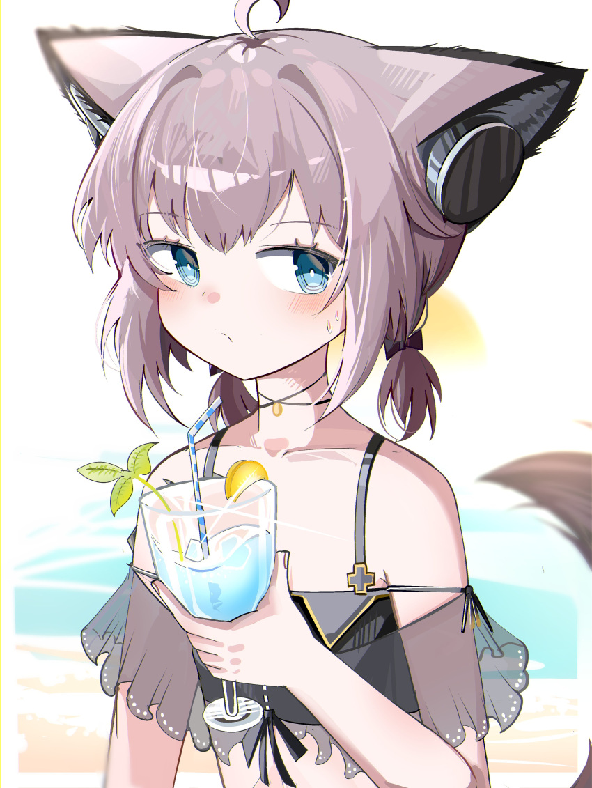 1girl absurdres animal_ears arknights bendy_straw bikini black_bikini black_bow blue_eyes bow brown_hair closed_mouth commentary_request cup drinking_glass drinking_straw fox_ears fox_girl fox_tail hair_bow hand_up headphones_for_animal_ears highres holding holding_cup low_twintails see-through short_twintails solo spam_(spamham4506) sussurro_(arknights) sussurro_(summer_flower)_(arknights) swimsuit tail twintails upper_body