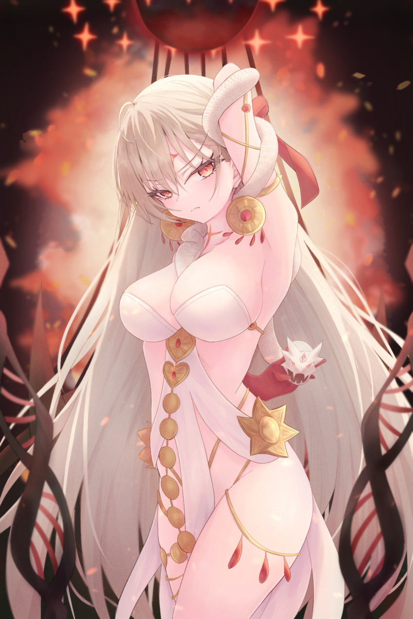 1girl arm_behind_head arm_up armlet armpits bare_shoulders belly_chain blush body_markings breasts cleavage collarbone dress durga_(fate) earrings facial_mark fate/grand_order fate_(series) forehead_mark grey_hair hair_ribbon highres jewelry large_breasts long_hair looking_at_viewer pelvic_curtain pennosuke red_eyes revealing_clothes ribbon sash snake thighs very_long_hair weapon white_dress